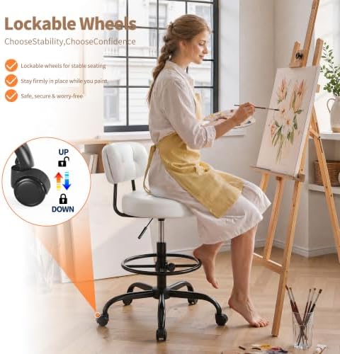 Homkdom Drafting Chair, White PU Leather