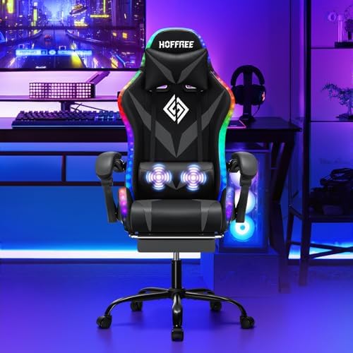 HOFFREE Gaming Chair with RGB LED Lights,Racing Style Computer Chair-Grey