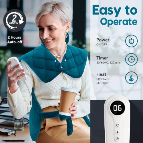 Weighted Heating Pad for Back Neck and Shoulders – Electric Shoulder Heating Wrap with 6 Heat Settings, 4 Auto-Off Timers, Fast Heating, Ultra-Soft Plush, Machine Washable – Gifts for Women and Men