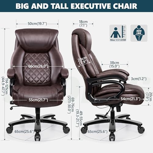 Big and Tall 500lbs Office Chair,Heavy Duty Large PU Leather Executive Desk Chair with Wide Seat, Adjustbale Ergonomic Lumbar Support High Back Rocking Computer Chair for Heavy People
