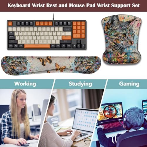 Keyboard Wrist Rest and Mouse Pad Wrist Support with Lace-Shaped Coaster Set, Ergonomic Gel Memory Foam and Anti-Slip Base, Easy Typing and Pain Relief - Kitty