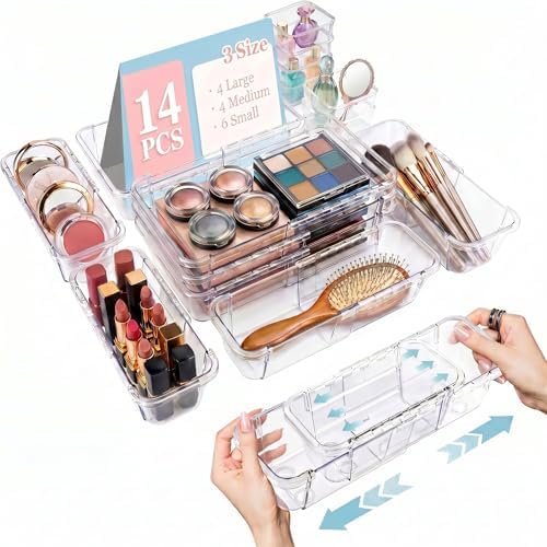 14 Pcs Expandable Clear Drawer Organizers, 3-Size Adjustable Storage Bins