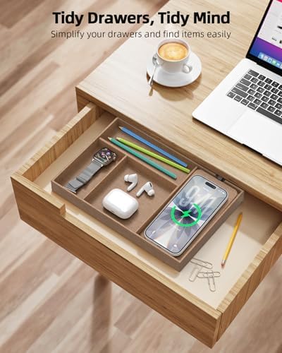 Valet Tray with Wireless Charger, Nightstand Organizer & Catchall Tray for Phone, Keys, Glasses and Accessories, Premium Linen, Stylish Desk & Bedside Storage Station