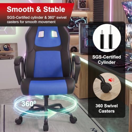 FDW Gaming Chair Leather+Breathable Mesh Computer Chair Executive Support Ergonomic Office Desk Chair with Armrests 360° Swivel & Caster Five Star Metal Base for Office or Gaming