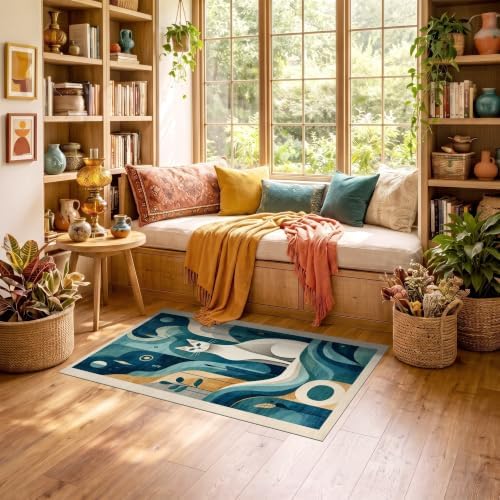 3'x5' Teal Blue Cat Boho Abstract Design Ultra-Soft Throw Mat