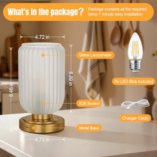 LightRound Cordless Table Lamp for Bedroom, Touch Stepless Dimmable