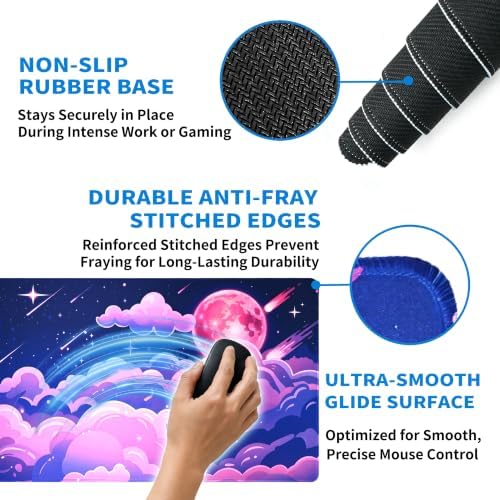 Extended Cute Kawaii Desk Mat, XXL Large Gaming Mouse Pad, Pink Galaxy Cloud Moon Stitched Edges Waterproof with Non-Slip Rubber Base for Computer Keyboard Laptop Work Home Office 35.4"x15.7"