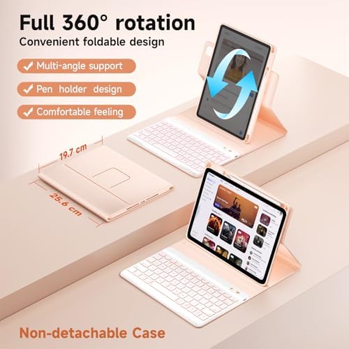 Keyboard case for ipad Air 11 inch(M2 2024)/10.9 Inch Air 5th 4th Generation & iPad Pro 11 inch (1st/2nd/3rd/4th Gen) 360° rotational case Folio Cover with Pencil Holder - Backlit Detachable-(Pink)