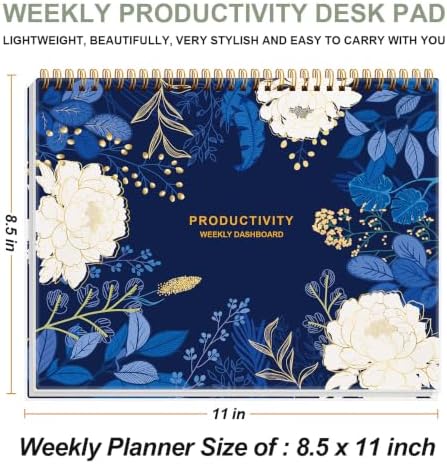 Weekly Productivity Dashboard - 8.5" x 11" Dashboard Desk Notepad Has 6 Focus Areas to List Tasks for Goals, Projects, Clients, Academic or Meal-Organize Your Daily Work Efficiently, 54 Weeks, Blue Leaf Flower