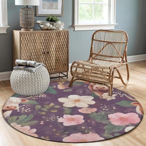 Large Round Area Rug Home Decor Modern Bathroom Rug Kitchen Office Circle Rug for Living Room Sofa Circle Cute Mat Highland Cow Pink Flowers Art, 60inch