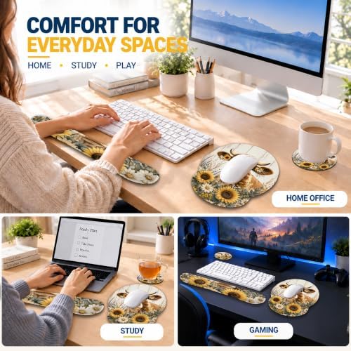 Fun Sunflower Cow Mouse Pad with Wrist Rest, Keyboard Support and Coaster
