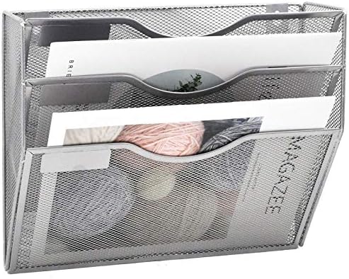 EASEPRES 3 Pocket Mesh Hanging Wall File Organizer, Wall Mounted Mail Paper Document Folder Holder, Clipboard Storage Organization Magazine Rack with Nametag Label for Office Home School, Silver