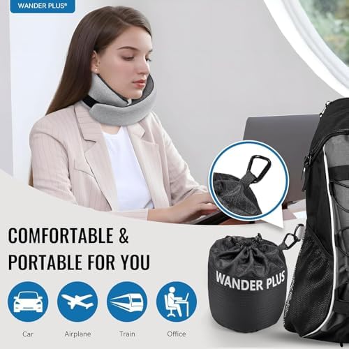 WANDER+® Travel Neck Pillow, Pure Memory Foam Neck Pillow for Airplanes, Comfortable Breathable Cover, 360 Degree Support Ergonomic Design Best for Sleeping Plane Train Travel Essentials Max Pink