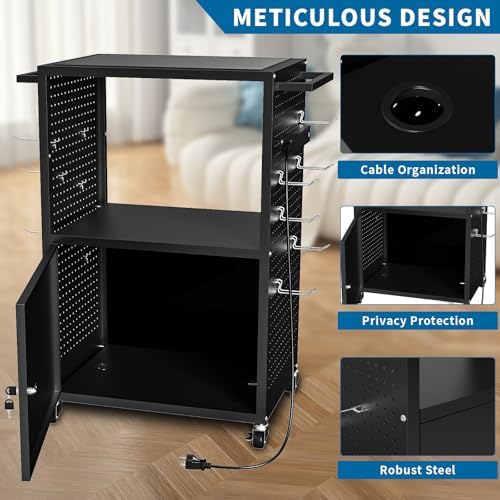 AV Presentation Media Cart Stand Up Desk with Storage Cabinet for Printer, Projector, Computers, TV, Rolling Storage Cart with Adjustable Shelves, Outlet and Cord for School Office Shop