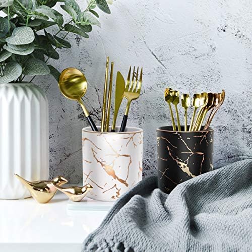 Pencil Cup, Pen Holder for Desk, Pen Pencil Stand Holder for Desk, WAVEYU Office Desk Organizer for Girls Women Kids Ceramic Glitter Marble Makeup Brush Holder, Black (Upgrade Style)