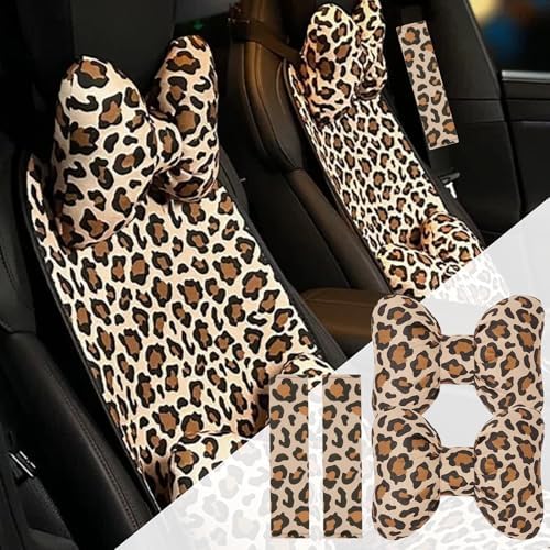 2PCS Chic Car Headrests with Bow-Shaped Cotton Linen Bowknot Neck Pillows for Cozy Road Trip & Cute Interior Decoration (Leopard Set 4Pcs)