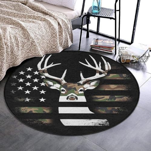 Women's Large Home Decor Mat, Soft Round Yoga Carpet, Non Slip Machine Washable Home Office Circle Rug Camo Deer Hunting Camouflage USA Flag