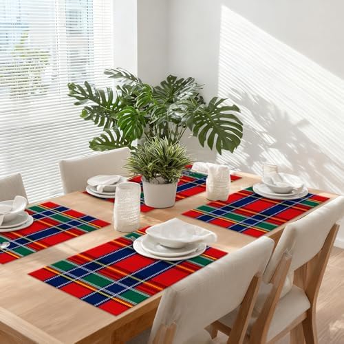 Royal Stewart Tartan Linen Placemats, Classic Red Scottish Plaid Green Table Mats for Table Washable Heat Insulation Thick Dining Mat, Indoor/Outdoor 12X18 in 4 Pcs
