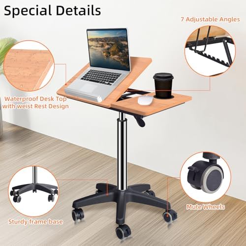 wishacc Large Rolling Desk Adjustable Height with Drawers, Mobile Standing Desk on Wheels, Portable Computer Workstation, White Sit to Stand Desk with Cup Holder & Storage for Home Office (Large)
