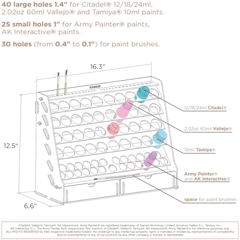 Wall Paint Holder - Works for Warhammer 40K, DnD, Other Figurines - 65 Holes for Vallejo, Citadel, Tamiya, 30 Brush Holes, 2 Drawers, a Shelf, a Brush Tray - Plywood Rack for Wall and Desk