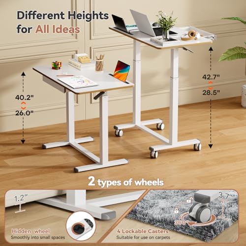 Mobile Standing Desk with Drawer, Height Adjustable, 35" White