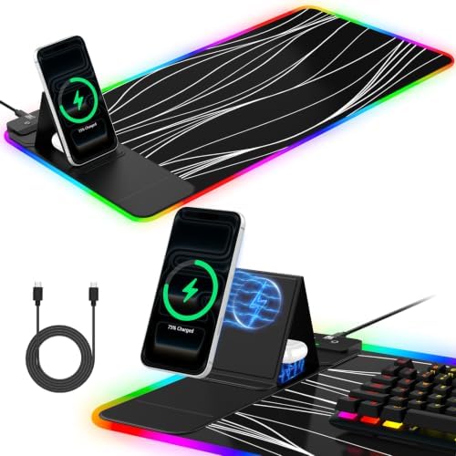 RGB Mouse Pad with Foldable Phone Stand Wireless Charger, 31.5"x11.8" XL Gaming Mousepad Large Desk Mat, Desk Pad with 11 Colors 5 Modes, Waterproof
