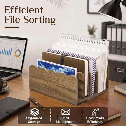 Novabright Acacia Wood Mail Organizer for Desk, 5 Slot Scalloped Letter Sorter, Vertical Countertop Mail Holder for Home Office Bill Envelope Document Organization, No Assembly Required