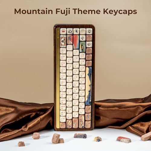 OHY XVX MOA Profile Japanese Fuji Mountain Theme PBT Keycaps Set, 140-Key Coffee & Cream Custom Keycaps for US Layout Mechanical Keyboards (Brown/Beige Design with Key Puller)