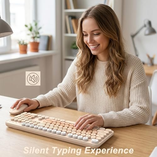 Wireless Keyboard and Mouse, Full-Sized Typewriter Keyboard Silent, Creamy
