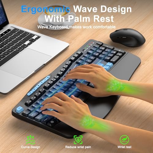 Wireless Keyboard and Mouse Combo, 2.4G Ergonomic Wave Keys(Blue Black)