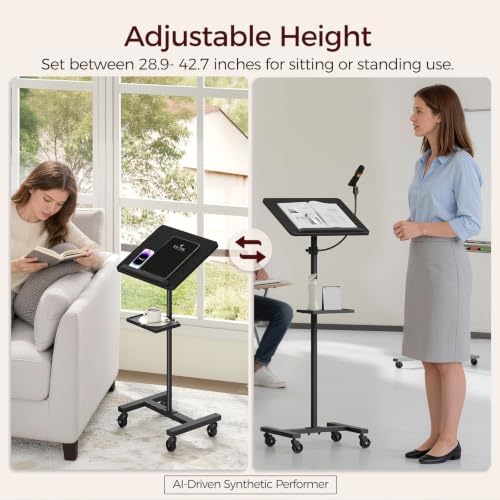 MAHANCRIS Podium Stand with Microphone Stand, Standing Desk and Laptop Desk with Storage Tray, 28.9-42.7 Inch Adjustable Height Portable Lectern for Classroom, Conference Room, Black LPBK4001