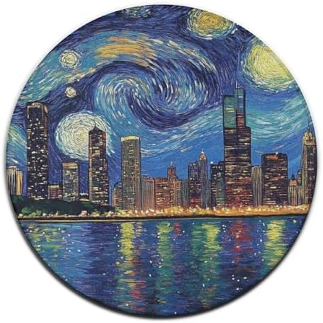 Home Decor Non Slip Kitchen Office Circle Rug, Machine Washable Modern Round Area Rug, Room Sofa Yoga Soft Round Carpet Chicago City Skyline Night View Starry Sky Painting, 24inch