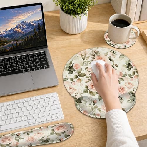 Pink Roses Keyboard Wrist Rest Pad Ergonomic Mouse Pad Set,Vintage 3 in 1 Memory Foam Mouse Pad with Non Slip Base for Office and Home