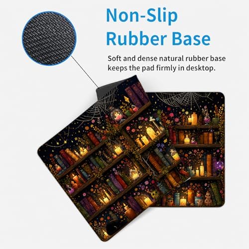 Library Gaming Mouse Pad,Gothic Large Desk Mat, 31.5x11.8x0.12in Extended Non-Slip Rubber Magic Candle Book Art Mousepad, Computer Deskmat Gifts, Laptop Mice Pads Decor for Office Home