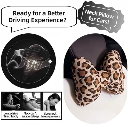 2PCS Chic Car Headrests with Bow-Shaped Cotton Linen Bowknot Neck Pillows for Cozy Road Trip & Cute Interior Decoration (Leopard Set 4Pcs)