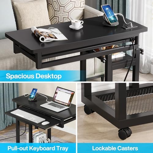 Tribesigns Small Portable Desk with Power Outlet, Height Adjustable Sofa Couch Bedside Laptop Table with Wheels, Mobile Standing Desk Rolling Computer Cart C Side Table with USB Ports