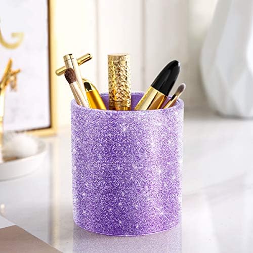 Pen Holder for Women Girls, Pencil Cup Desk Glitter Sturdy Makeup Brush Holder Large Pu Leather Luxury Multi-Functional Organizer Cup for Office, Classroom, Home, Purple