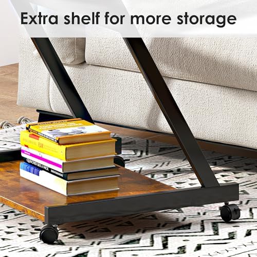 soges Small Rolling Computer Desk, Z Shape Laptop Desk Cart on Wheels, Mobile Computer Workstation for Home and Office with Keyboard Tray, Rustic Brown