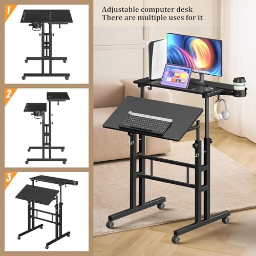 Enayplon Small Standing Desk with Wheels, Mobile Stand Up Desk, Portable Standing Table on Wheels for Walking Pad, Rolling Computer Desk Adjustable Height, Tall Table