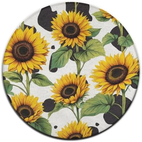 Machine Washable Modern Round Area Rug, Room Sofa Yoga Soft Round Carpet, Home Decor Non Slip Kitchen Office Circle Rug 80s Vintage Cow Print Sunflowers, 36inch