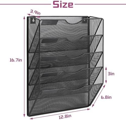 5 Pockets Mesh Wall File Holder Organizer Office Hanging File Folder Magazine Rack, Nametag Label Hooks Set Included (Black)