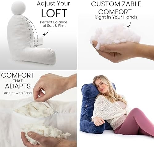Husband Pillow Medium Reading Pillow with Arms - 23" Backrest for Sitting Up in Bed - Firm Support Bed Rest Pillow for Adults, Neck Roll, Removable Cover - TV, Reading, Lounging - Dark Blue