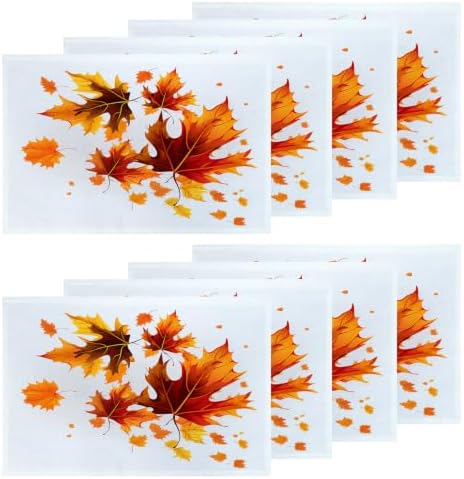 Shrahala Autumn Maple Leaves Set of 8 12 X 18 Inch Linen Placemats, Orange Fall red Leaves Burlap Table Mat Washable Double Layered Heat Insulation for Indoor
