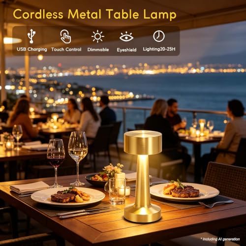 HPUFKOT Portable LED Table Lamp, 3-Levels Brightness Metal Desk Lamp,3 Color Touch Control RechargeableLamp, Ideal Bedside Lamp for Nightstand, Bedroom,Living Room (Light Golden)
