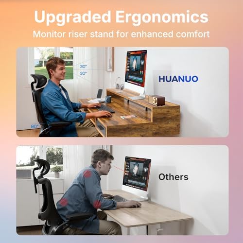 HUANUO 55″ X 26″ Electric Standing Desk with 2 Drawers &24.4″ Large Keyboard Tray, C-Clamp Mount Compatible, Adjustable Computer Desk for Office, Sit Stand Up Desk with 4 Height Presets, Vintage Brown