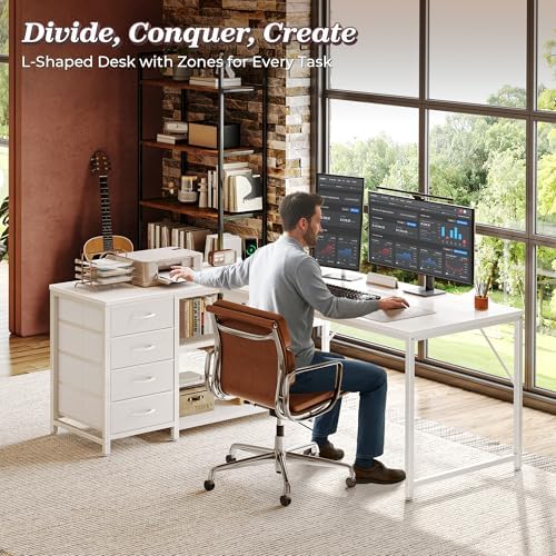 PRAISUN 53" L Shaped Desk with Power Outlets & 4 Drawers