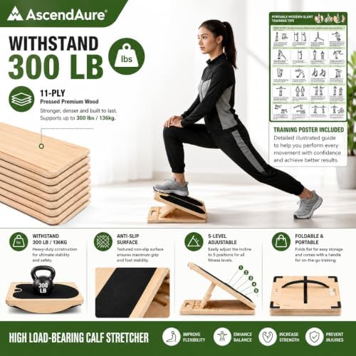 3-in-1 Slant Board & Balance Board, 6 Angle Adjustable Calf Stretcher, Wooden Incline Board for Squats, Ankle & Foot Stretching