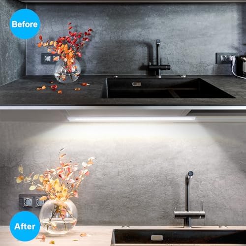 JUSJUBR Under Cabinet Lights Plug-in, 4 Pack x 12inch LED Under Cabinet Lighting, Dimmable Plug-in Light Bar for Desk, Under Kitchen Counter LED Lights with Memory Function, Cold White 6500K