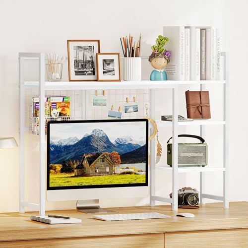 Snughome Desk Shelf, 38.6" Desktop Organizer Shelf, Desk Hutch for Computer Monitor, 4 Tier Desktop Display Rack with Pegboard Hooks Set, Wood Desk Bookshelf for Home Office Dorm, White