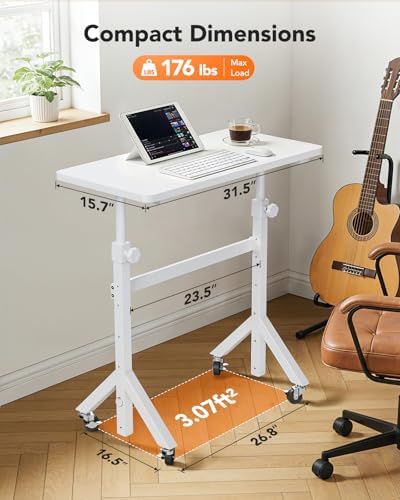 ErGear Small Standing Desk Adjustable Height, 6 Height Settings Up to 46.5″, Walking Pad Desk with Triangular Leg Design, Smooth Mobility with Lockable Wheels, Standing Desk for Walking Pad, White